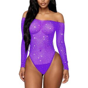 Women Violets Lingerie Fishnet Teddy Sparkle Rhinestone One Piece Mesh Bodysuit